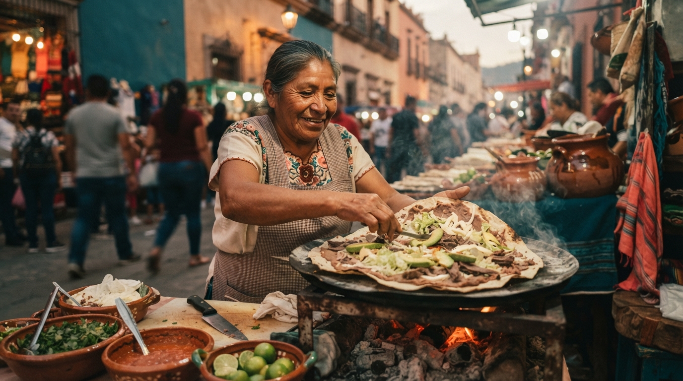 Editorial illustration for Beyond Tacos: A Regional Map of Mexico's Street Food, From Oaxaca's Tlayudas to Morelos' "Battleship Taco"