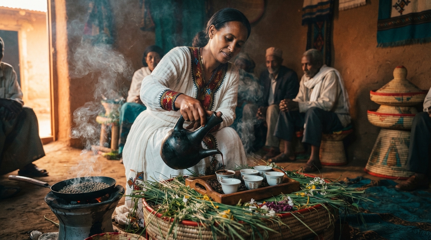 Editorial illustration for Buna Tetu: The Three Rounds and Sacred Steps of the Ethiopian Coffee Ceremony
