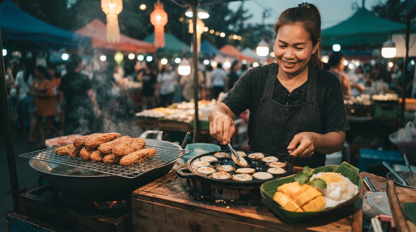 Editorial illustration for Fried, Griddled, or Steamed: Three Southeast Asian Street Desserts Worth the Night Market Walk