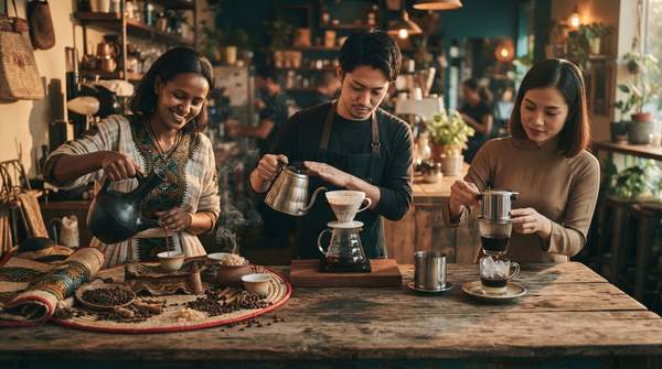 Editorial illustration for Jebena, V60, or Phin: How Ethiopia, Japan, and Vietnam Turn Coffee Into Culture