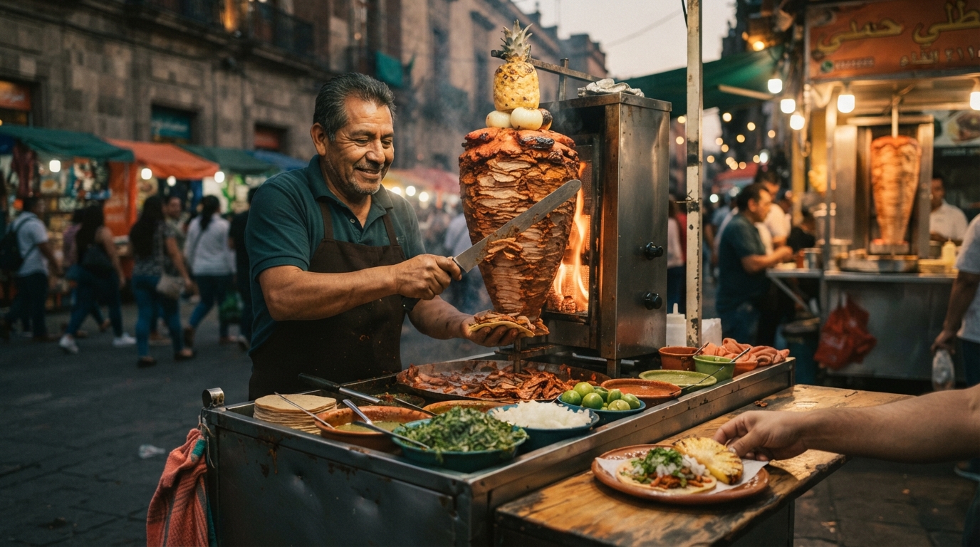 Editorial illustration for The Lebanese Roots and Mexican Evolution of Tacos al Pastor