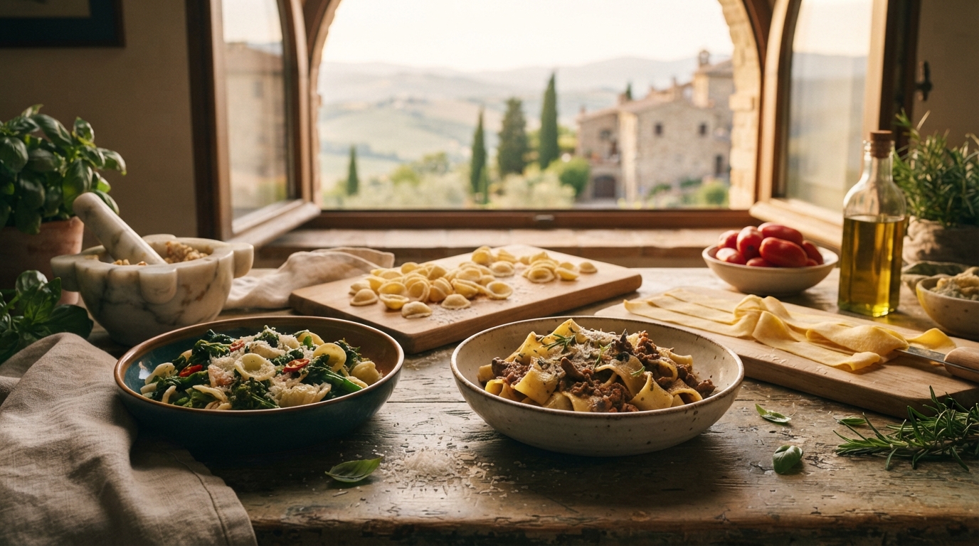 Editorial illustration for The Regional Tapestry of Italian Pasta Shapes and Their Perfect Pairings