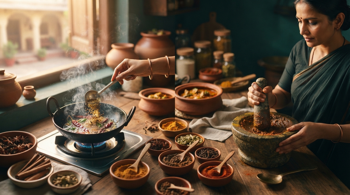 Editorial illustration for Two Ways Spices Build Curry: Why Tadka and Masala Timing Matter More Than the Spice List